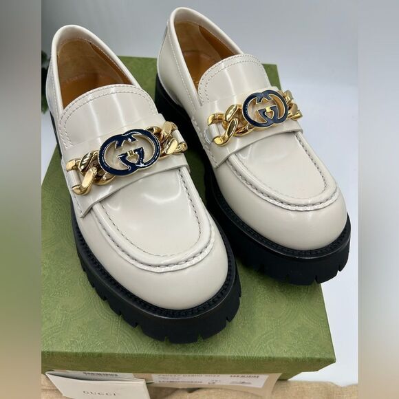 Women's Gucci Jeanne logo chain patent leather loafers size 38.5 made in Italy - Picture 1 of 8
